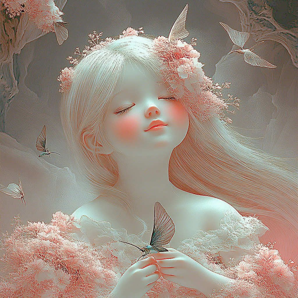 花と蝶に囲まれた少女
