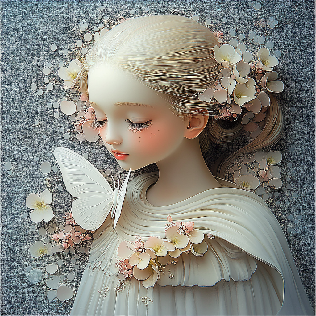 白い蝶と花に彩られた少女